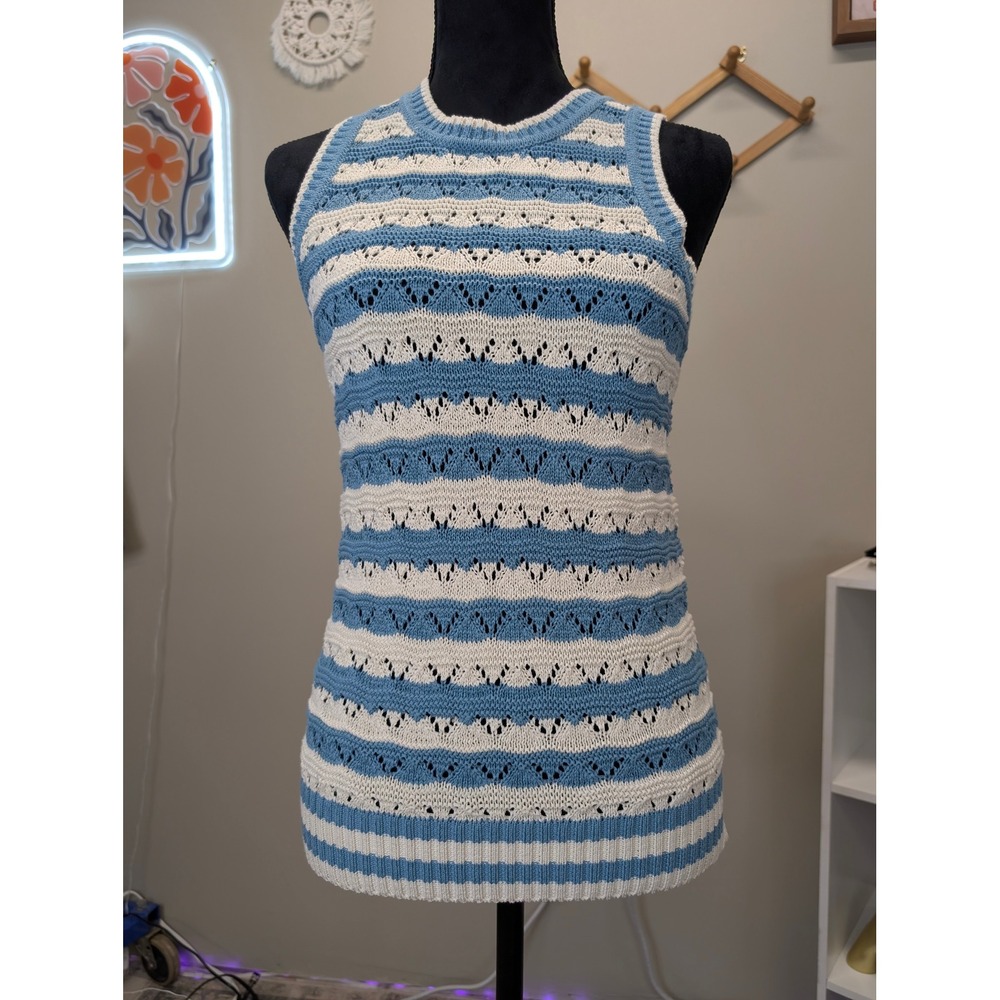 Elan Blue White Striped Pointelle Knit Sleeveless Sweater Top Crew Neck Small
